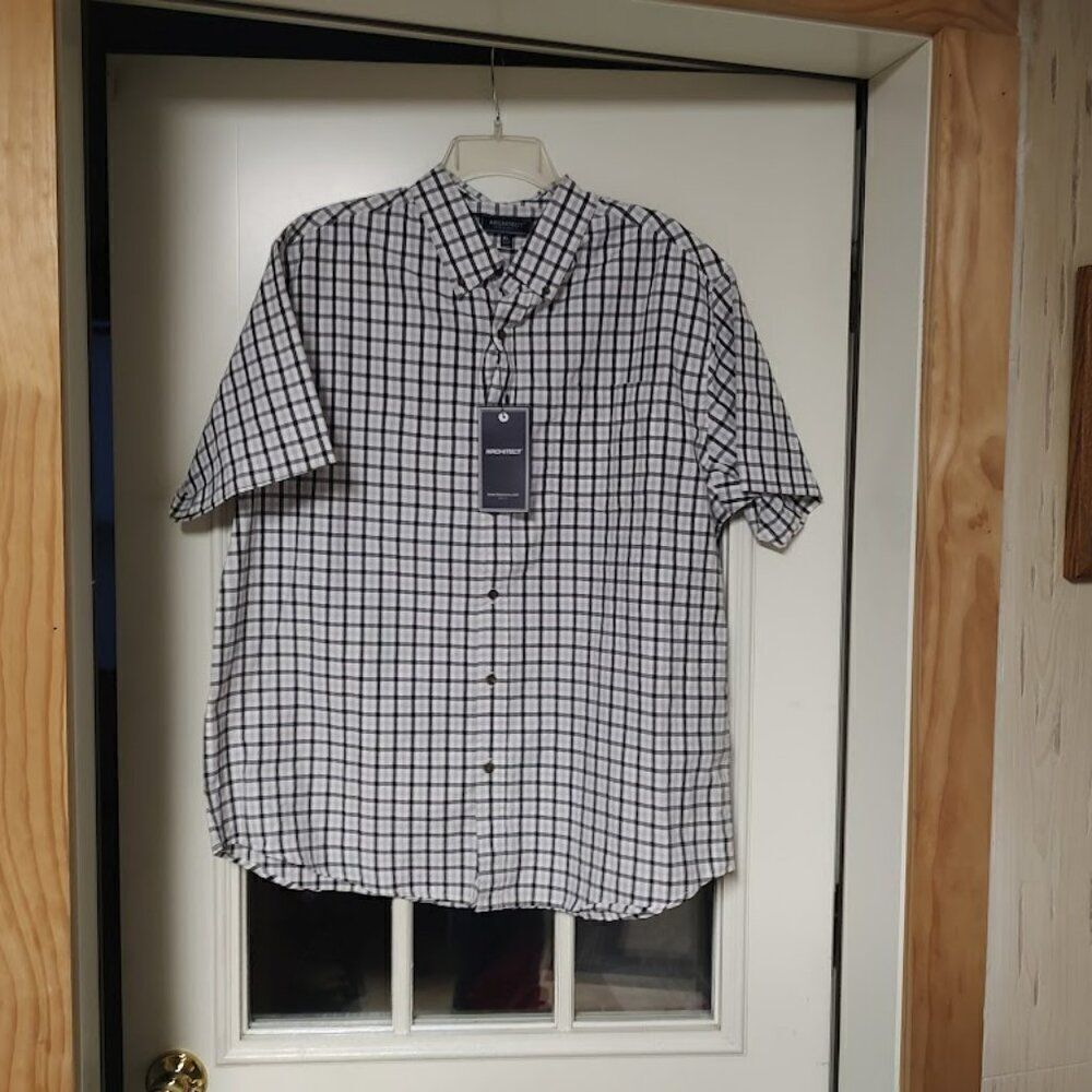 New Architect Black White Checked Short Sleeve Button Down Shirt Men's XL